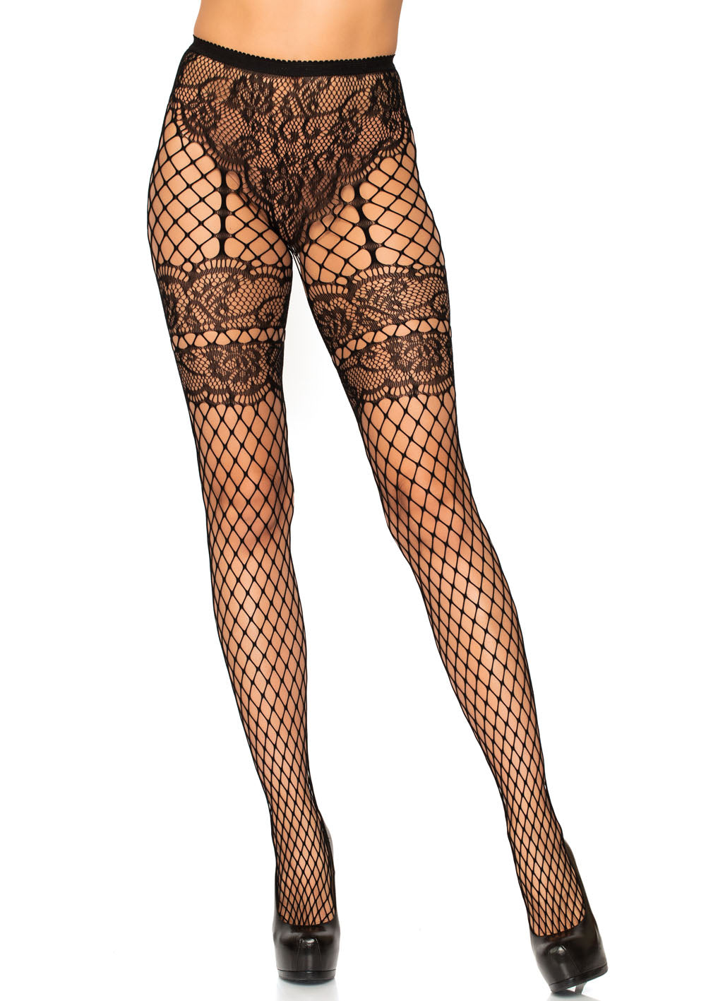 "Lace French Cut Faux Garter Net Tights - One Size Black LA-9281BLK"