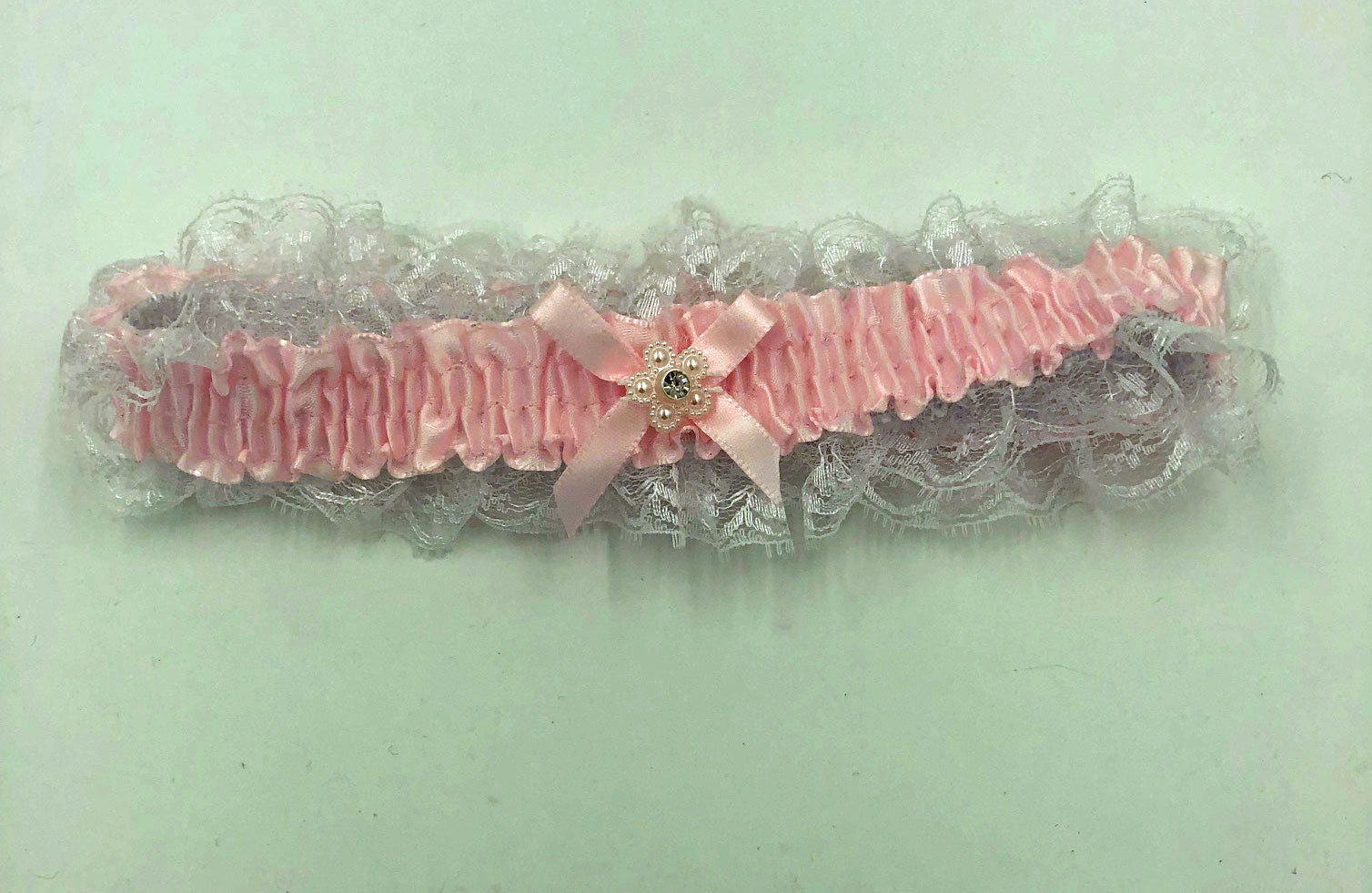 \Satin Leg Garter - One Size - Baby Pink With White Lace EM-3555PK\""