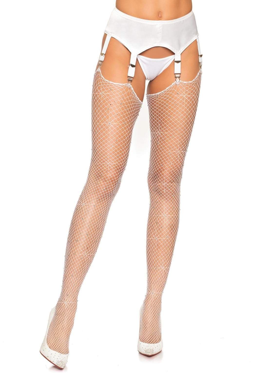 "Rhinestone Fishnet Stockings - One Size - White LA-9124WHT"