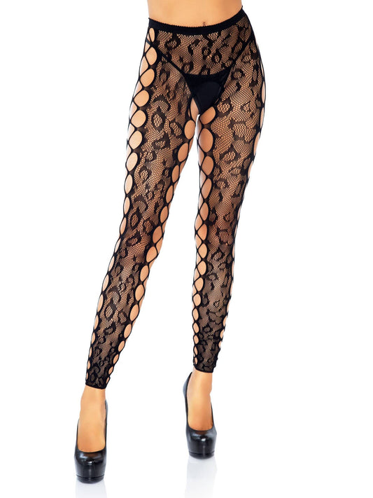 "Footless Leopard Lace Crotchless Tights - Black LA-7812BLK"