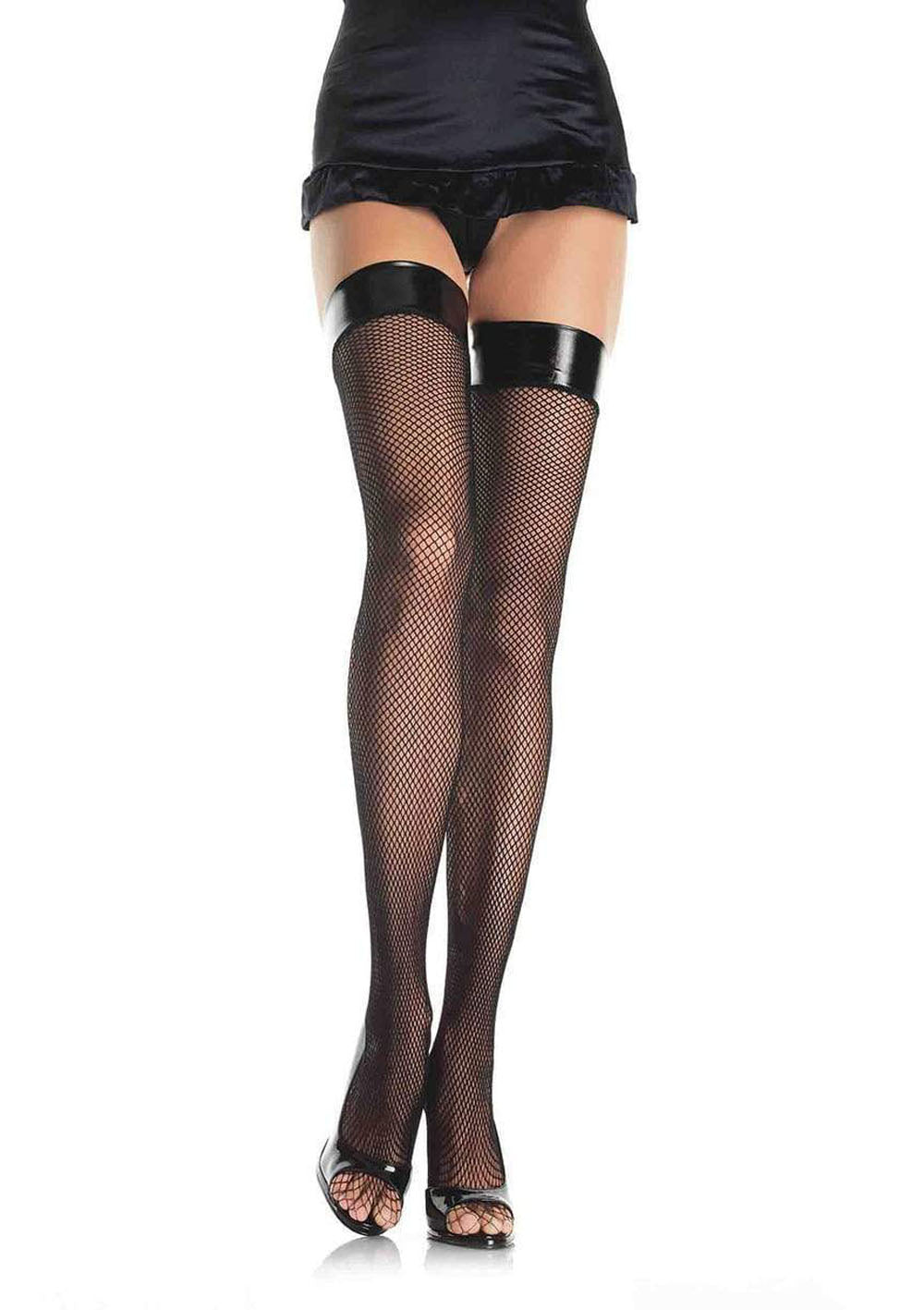 "Vinyl Top Fishnet Thigh Highs - One Size - Black LA-8291BLK"