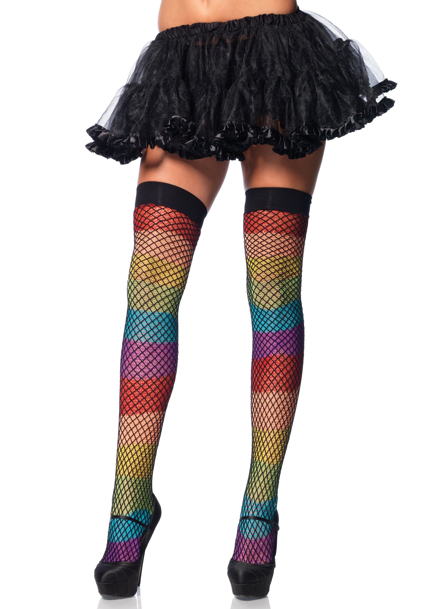 "Rainbow Thigh Highs With Fishnet Overlay - One Size LA-9994"