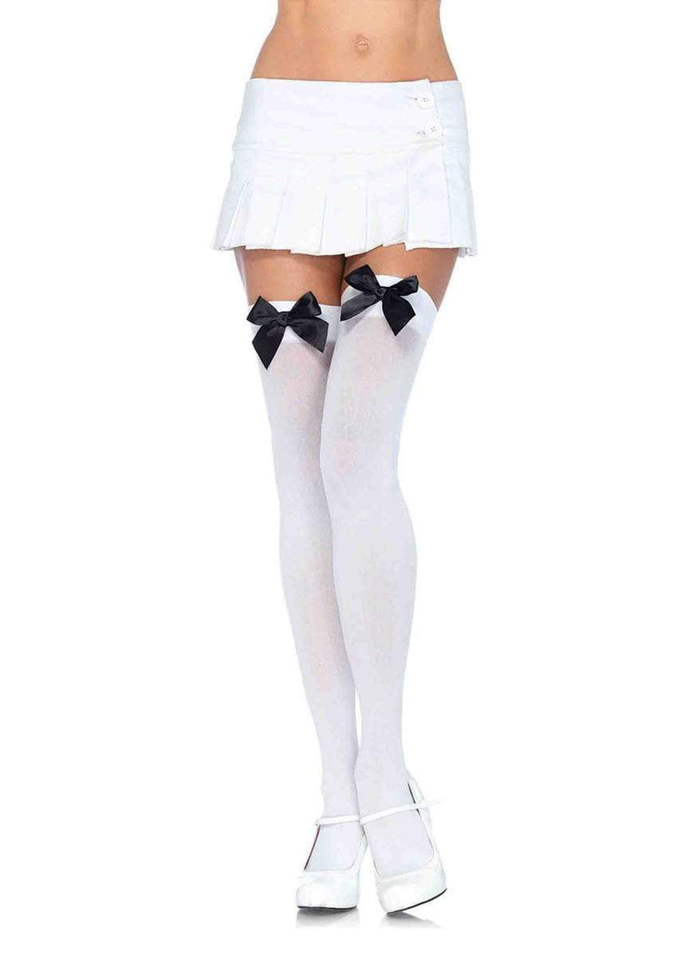 "Nylon Thigh Highs With Bow - One Size - White / Black LA-6255WHTBLK"